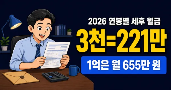 연봉 실수령액 2026, 3천이면 월 221만 원 — 1억은 얼마?